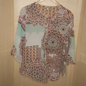 One World Sheer Floral Boho Oversized Blouse Small